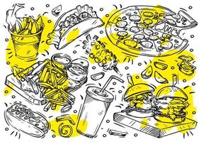 mão desenhada ilustração em vetor linha sobre fundo branco. menu de fast food de rua da coleção doodle, hambúrguer artesanal, tortilha, pizza pepperoni, francês grátis, fatias de batata, refrigerante, molho, cachorro-quente