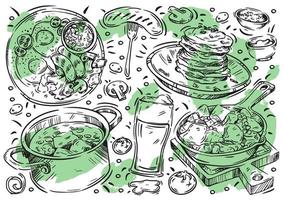 mão desenhada comida de ilustração vetorial linha sobre fundo branco. doodle cozinha irlandesa, cerveja, panquecas, salsichas, ovos, guisado, sopa, carne grelhada, tomate vetor