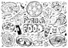 mão desenhada ilustração vetorial. Doodle comida francesa, ratatouille, suflê, vinho, queijo, boeuf, bourguignon, pão, caracóis, macaroon, suflê vetor