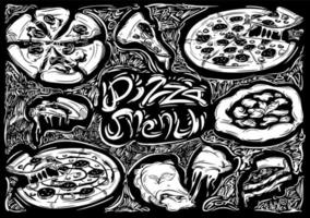 comida de desenho vetorial com ilustrações gráficas de pizza no fundo preto. elementos vintage, palavras, letras vetor