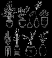 pacote boêmio de plantas em casa. conjunto de mão desenhada de vetor de decoração de interiores. doodle coleção de potes e vasos com cactos, monstera, suculentas e folhas.