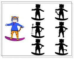 um jogo para crianças encontrar a sombra certa, um tigre de desenho animado em uma prancha de snowboard, vetor