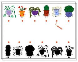 jogo de lógica infantil encontre a sombra certa, flor de desenho animado fofa em um pote kawaii. vetor