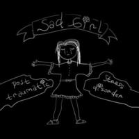 menina triste com estilo de doodle de texto de transtorno de estresse pós-traumático isolado em elemento de design vetorial preto vetor