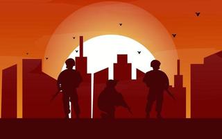 silhueta plana do exército na ilustração da cidade por do sol vetor