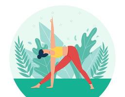 uma garota pratica ioga no parque. o conceito de aulas de yoga.yoga ao ar livre na natureza. estilo plano. a garota na pose de um triângulo. um personagem de desenho animado feminino em um fundo de folhagens e plantas vetor