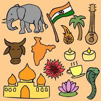 ícones coloridos do vetor indiano. fundo com ícones indianos doodle. você pode usar isso como plano de fundo para um cartão de casamento ou saudação