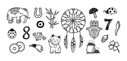 boa sorte e fortuna grande conjunto de símbolos. talismãs e encantos europeus e asiáticos doodle ilustração vetorial. símbolos de sucesso e prosperidade