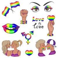 conjunto de símbolos lgbt, pôster lgbt, gays e lésbicas se amam, com bandeira do arco-íris, sinais de gênero e corações, comunidade lgbt, orgulho gay, ilustração vetorial amor é amor
