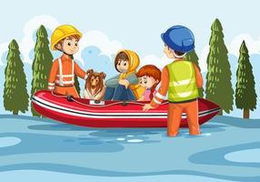 Resgatados sobreviventes de enchentes sentados em bote inflável vetor