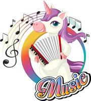 lindo unicórnio roxo tocando acordeão com notas musicais em fundo branco vetor