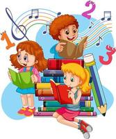 três crianças estão lendo livros em uma pilha de livros