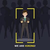 estamos contratando sinal de recrutamento. plano de fundo do empregador homem. emprego feliz candidato vetor grpahic. carreira de recursos de negócios isolados do conceito. oferta de arte de design de modelo de empresa. banner de entrevista de escritório