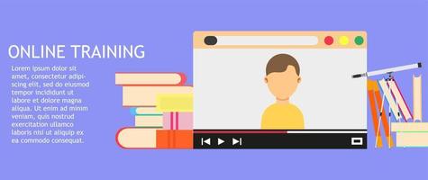 tecnologia de negócios de educação de treinamento on-line. vetor do curso da biblioteca da web da faculdade. estudo de conceito de escola de serviço plano de ícone de vídeo webinar. e-learning digital sala de aula mídia distante. professor profissional