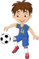 desenho animado garotinho jogando futebol vetor