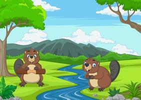 dois castores bonitos dos desenhos animados na selva vetor