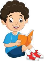 menino feliz sentado lendo um livro vetor