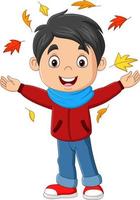 menino feliz dos desenhos animados com folhas de outono vetor