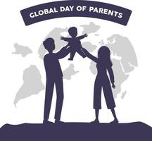 família silhueta brincar com criança. feliz dia global dos pais. fundo do mapa da terra. ilustrações vetoriais planas. vetor
