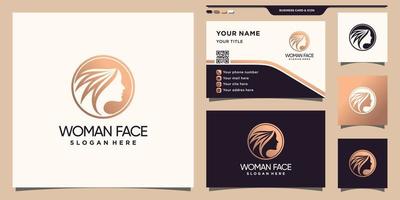 logotipo de rosto de mulher com conceito de círculo de espaço negativo e vetor premium de design de cartão de visita