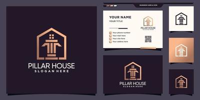 pilar e logotipo da casa com estilo de arte de linha e vetor premium de design de cartão de visita