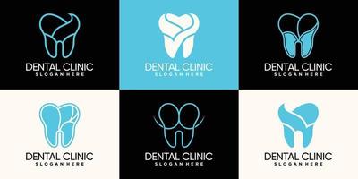 conjunto de design de logotipo de clínica odontológica com estilo de arte de linha e vetor premium de conceito de espaço negativo