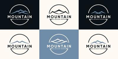 definir pacote de design de logotipo de montanha com estilo de arte de linha e vetor premium de conceito de círculo