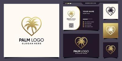 logotipo de palmeira criativo e amor com estilo de arte de linha e vetor premium de design de cartão de visita