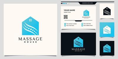 massagem criativa e logotipo da casa com conceito de espaço negativo e vetor premium de design de cartão de visita