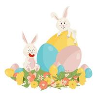 personagem de coelhos. sentado na grama e rindo engraçado, feliz páscoa coelhos de desenhos animados com ovos vetor