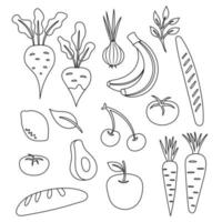 conjunto de legumes frescos saudáveis, frutas e contorno preto de mercearia vetor