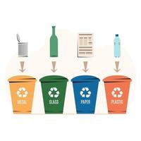 diferentes latas de lixo coloridas com resíduos de papel, plástico, vidro e metal adequados para reciclagem. vetor