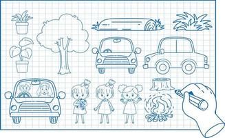 esboçar desenhos animados de crianças e carros vetor