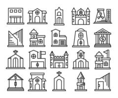 conjunto de ícones de linha de construção de casa, palácio e castelo vetor