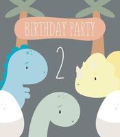 festa de aniversário, cartão, convite para festa. ilustração de crianças com dinossauros fofos ee o número dois. ilustração vetorial em estilo cartoon. vetor