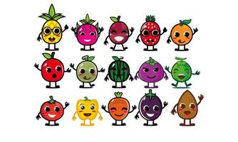 conjunto de rosto de fruta sorridente bonito feliz. coleção de ilustração de personagem de desenho animado plana kawaii de vetor. conceito de conjunto de emoji de coleção de frutas de personagem fofo vetor