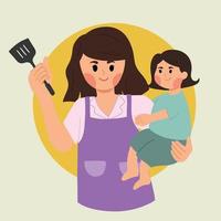 mãe cozinhando e segurando ilustração de criança vetor