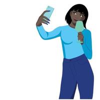 garota negra com um telefone em uma mão e um copo na outra, vetor plano, isolado no fundo branco, blogueiro, líder de opinião, influenciador