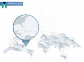 mapa-múndi abstrato arredondado com detalhes fixados no mapa das bahamas. vetor
