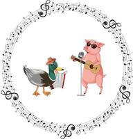 pato e porquinho tocando música desenho animado vetor