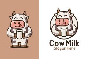 design de logotipo de desenho animado de leite de vaca bebendo vetor