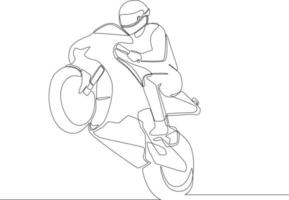 único motociclista de desenho de linha usando capacete, andando de moto na  estrada de asfalto. jovem