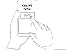desenho contínuo de uma linha de mão usando smartphone para comprar e pagar o bilhete online. única linha desenhar desenho ilustração gráfica de vetor. vetor