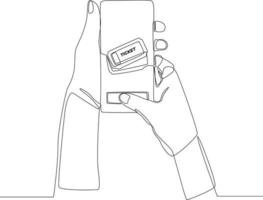 único desenho de linha contínua do dedo deslize para a direita para comprar ingressos online no smartphone. uma linha desenhar design gráfico ilustração vetorial. vetor