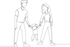 uma linha contínua desenhando pais e filhos de mãos dadas e família moderna caminhando juntos. dia mundial dos pais. única linha desenhar desenho ilustração gráfica de vetor. vetor