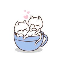 lindo casal gato branco dentro da xícara de café vetor