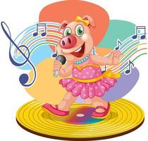 desenho animado cantor porquinho com símbolos de melodia de música vetor