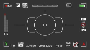 câmera viewfinder vídeo ou foto frame gravador estilo plano design ilustração vetorial. visor de câmera digital com configurações de exposição e modelo de grade de foco. vetor