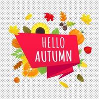 Olá outono vector banner ou cartaz gradiente estilo plano design ilustração vetorial. enorme fita vermelha com texto, folhas coloridas, abóbora, girassol, torta e milho isolado em fundo divertido.