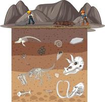 um mineiro no chão e um fóssil no subsolo